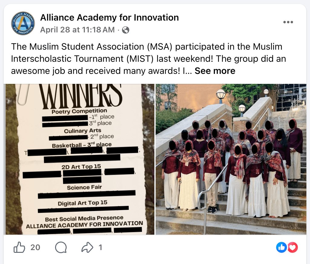 Alliance Academy Muslim Student Association Facebook post.