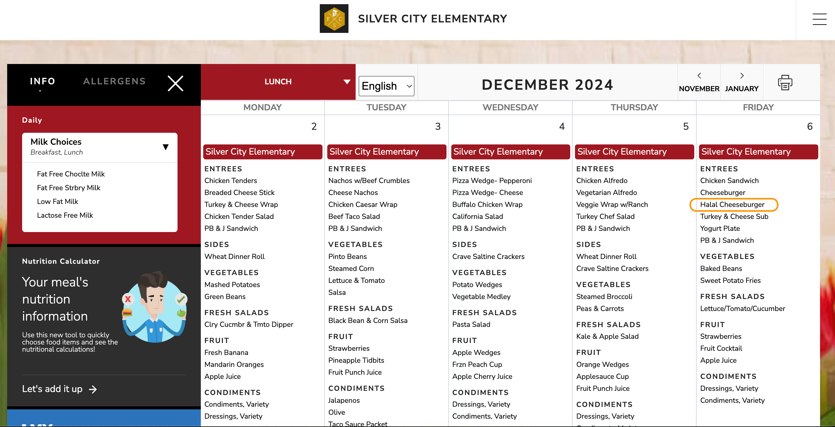 Silver City Elementary December 2024 Lunch Menu.