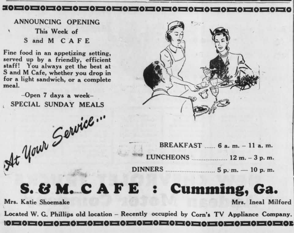Newspaper advertisement announcing the opening of S&M Cafe in Cumming, including its daily hours and special Sunday meals.