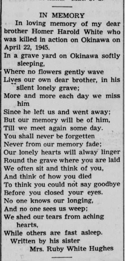 Forsyth County News memorial clipping for Homer Harold White.