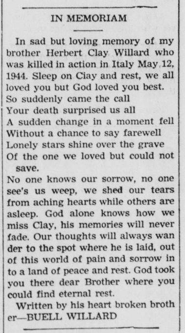 Forsyth County News memorial clipping for Herbert Clay Willard.